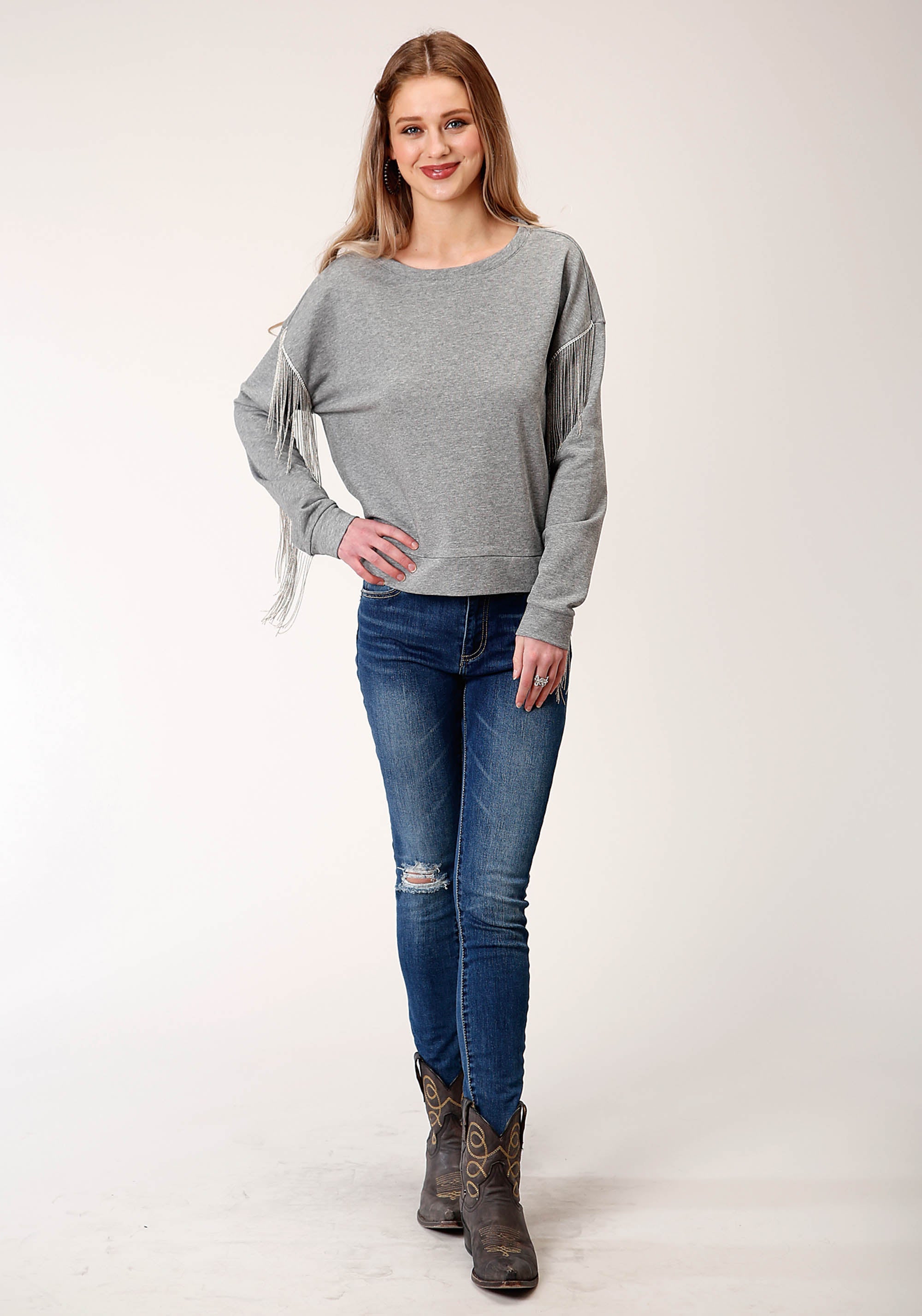 Roper Womens Long Sleeve Knit Heather Grey Sweatshirt - Flyclothing LLC