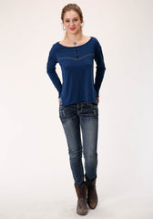 Roper Womens Blue With Embroidered Yoke Long Sleeve Knit Top - Roper