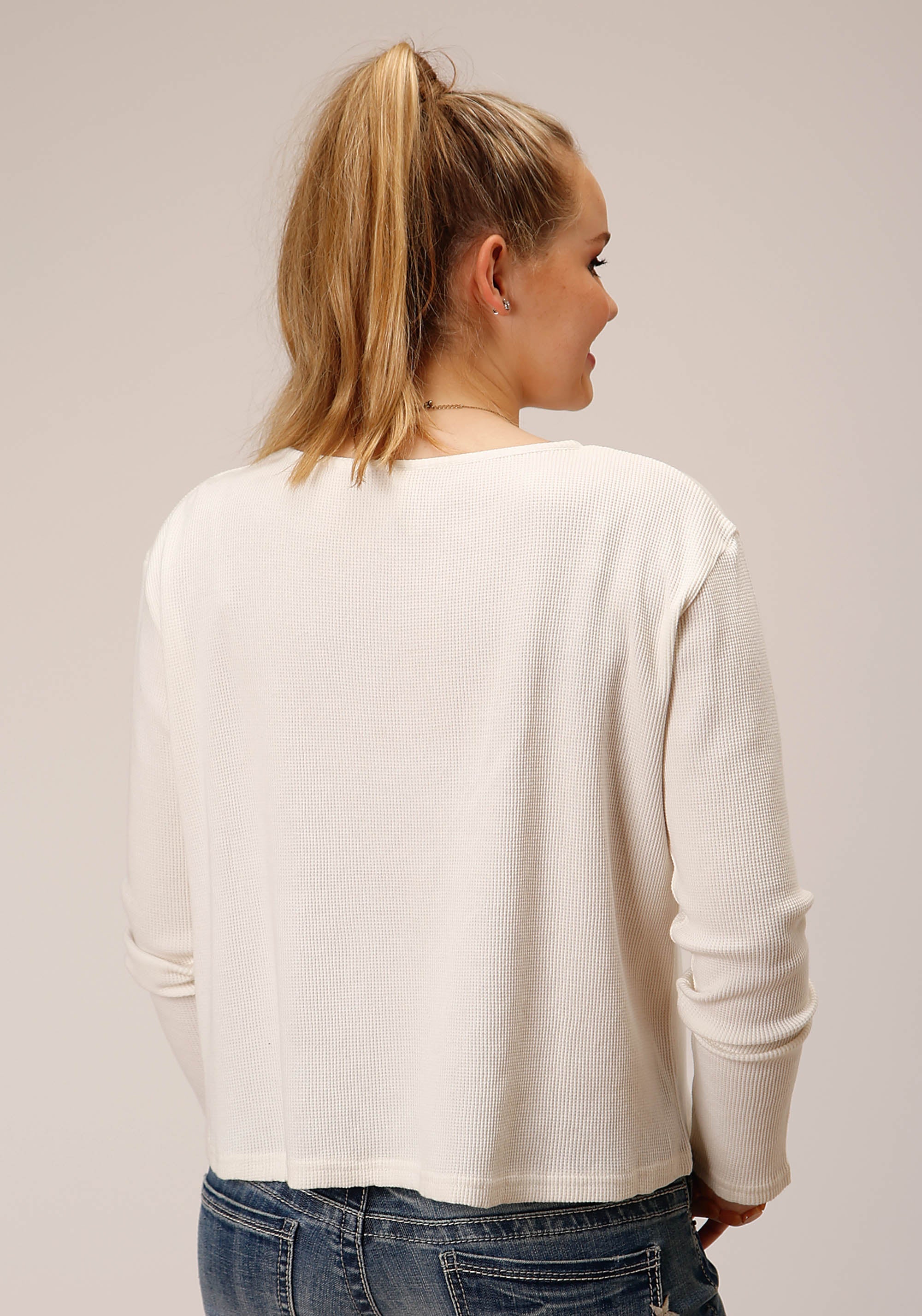 Roper Womens Long Sleeve Knit Cream Waffle Slub Top - Flyclothing LLC