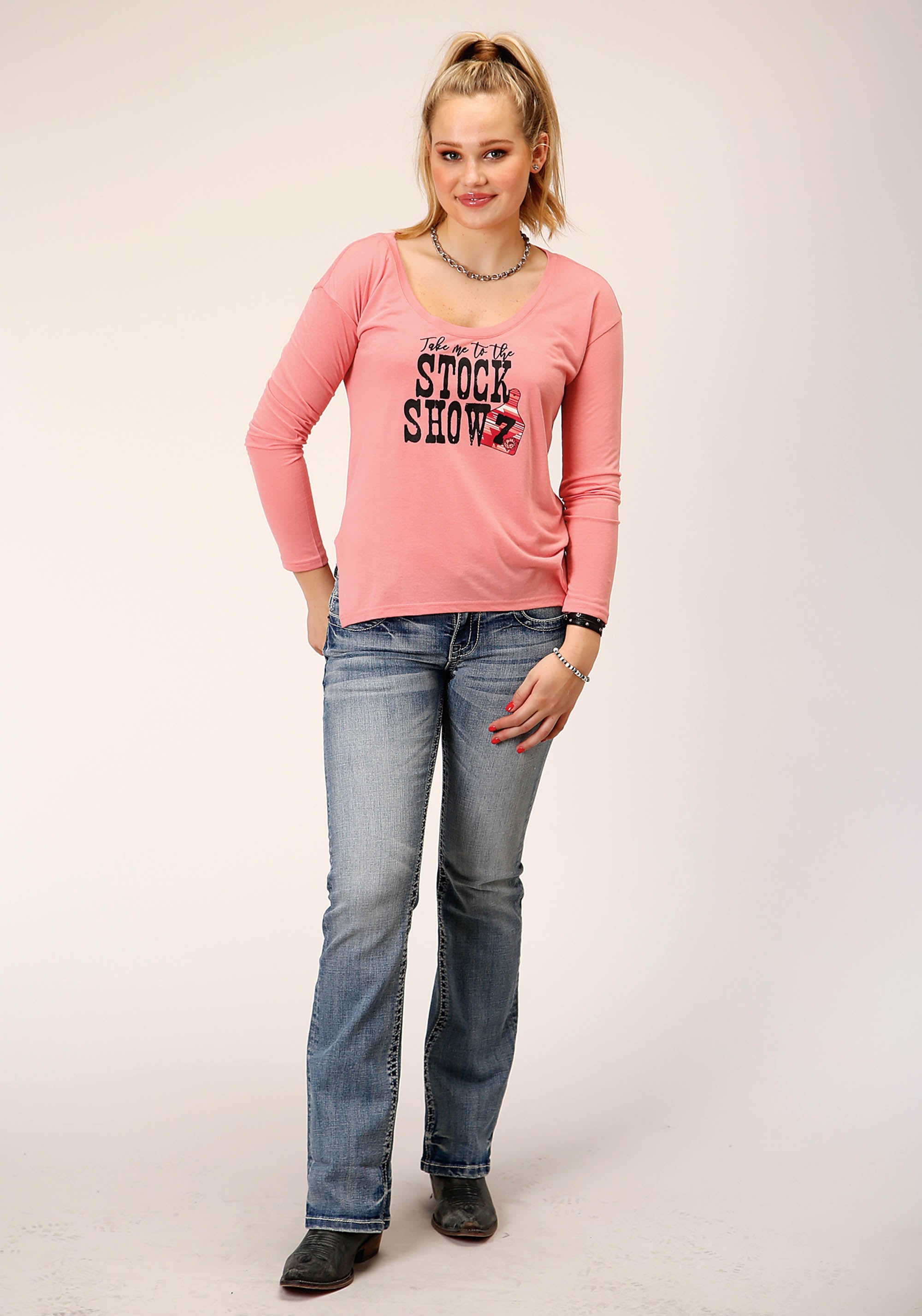 Roper Womens Long Sleeve Knit Pink Poly Rayon Jersey Top - Flyclothing LLC