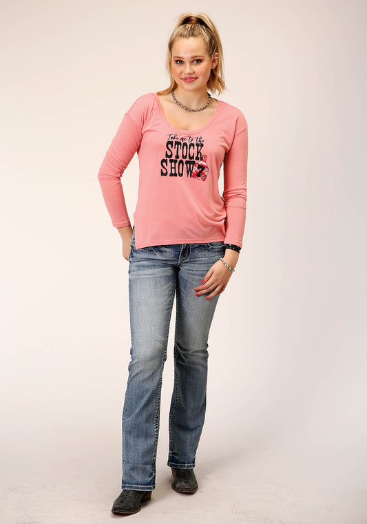 Roper Womens Long Sleeve Knit Pink Poly Rayon Jersey Top - Flyclothing LLC