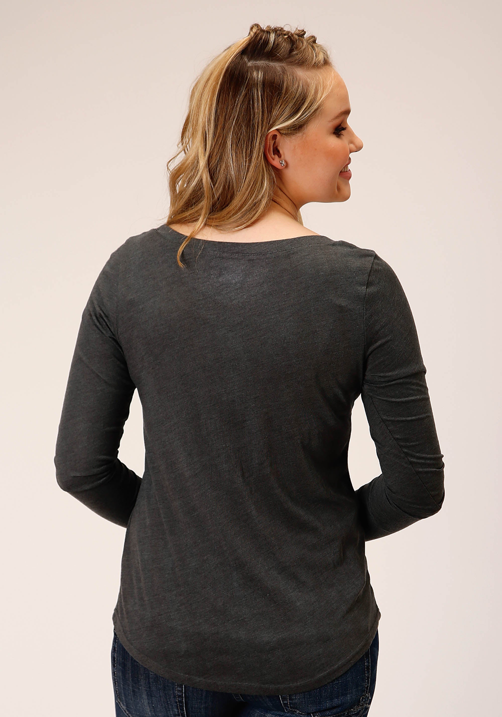 Roper Womens Long Sleeve Knit Heather Charcoal Poly Rayon Top - Roper