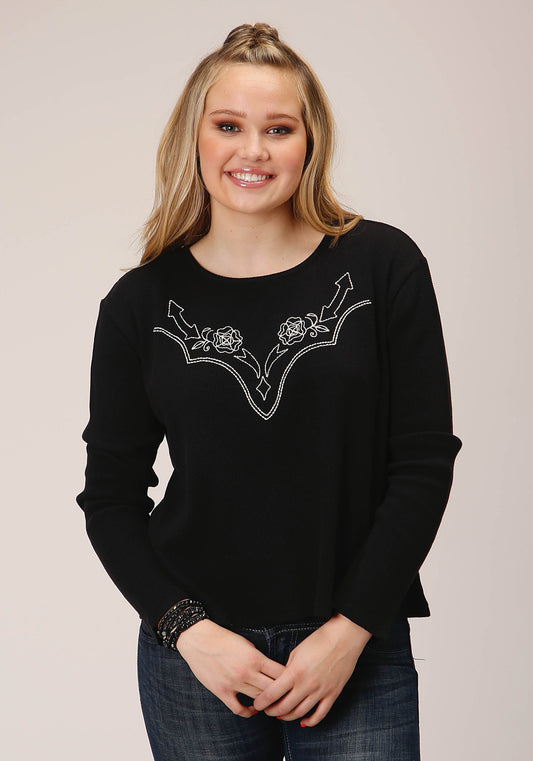 Roper Womens Long Sleeve Knit Jet Black Waffle Slub Top - Roper