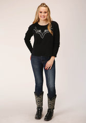 Roper Womens Long Sleeve Knit Jet Black Waffle Slub Top - Flyclothing LLC