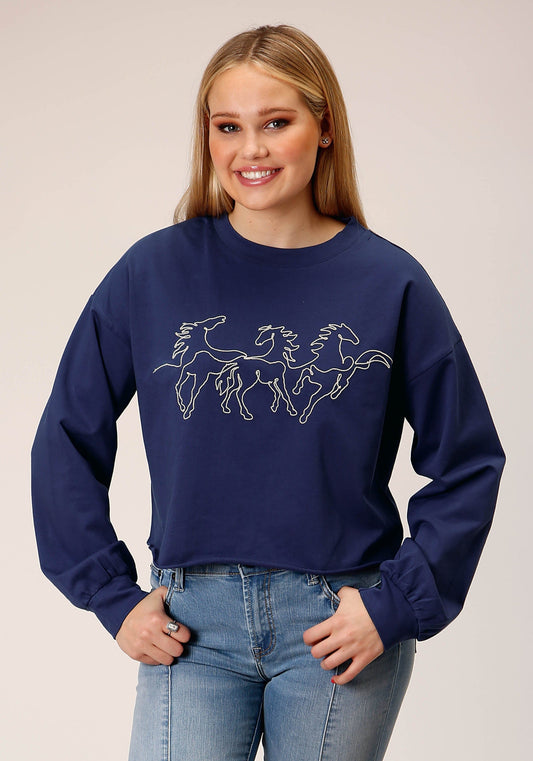 Roper Womens Long Sleeve Knit Navy Blue French Terry Top - Roper