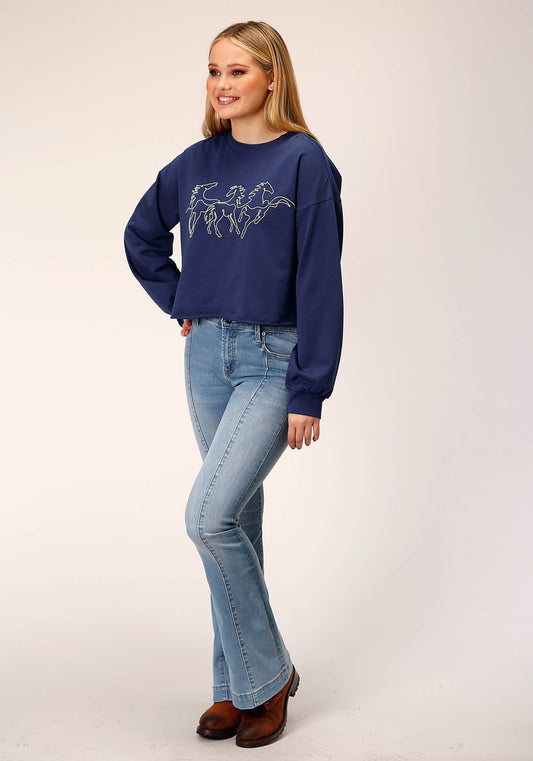 Roper Womens Long Sleeve Knit Navy Blue French Terry Top - Roper