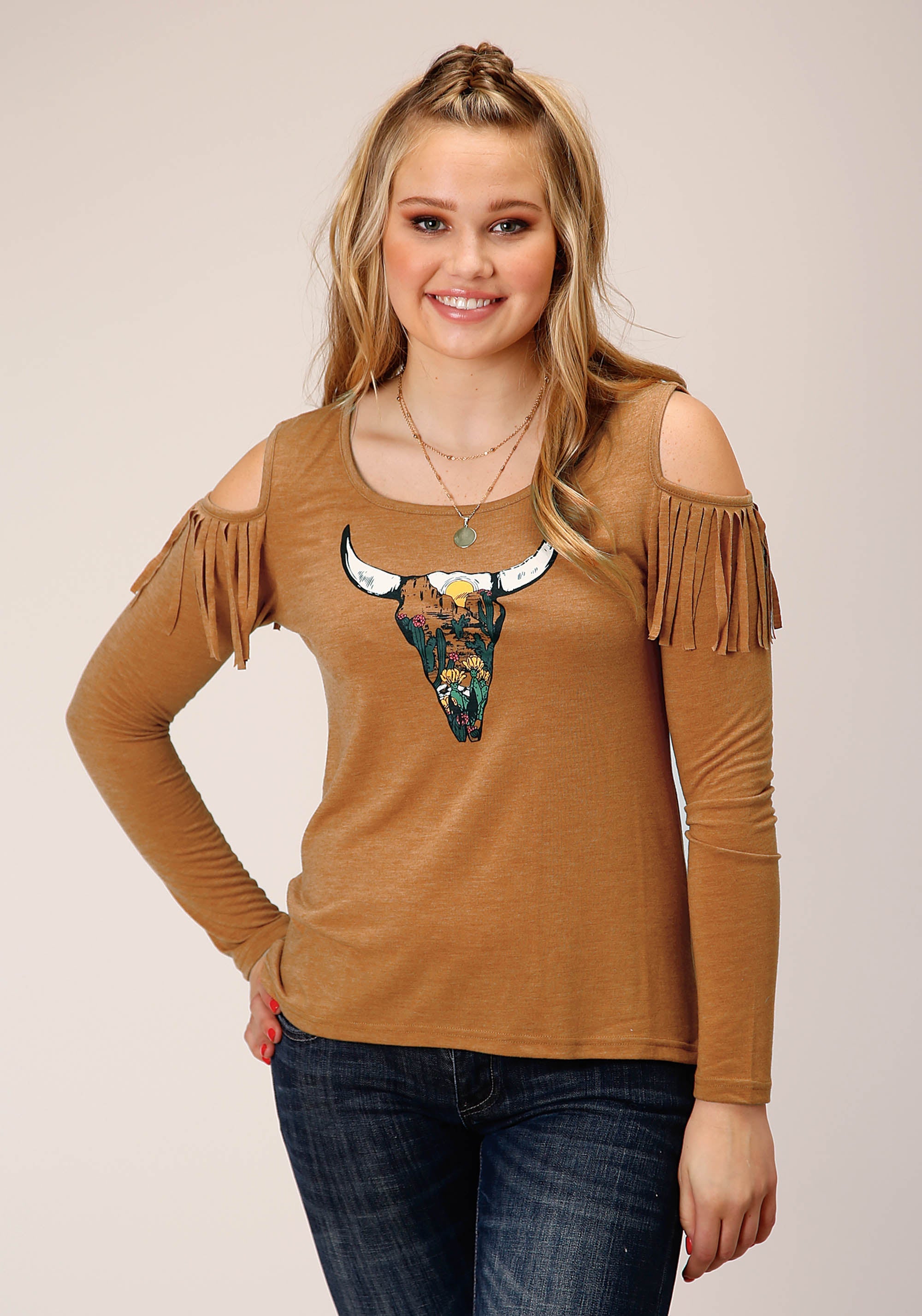 Roper Womens Long Sleeve Knit Tabacco Brown Poly Rayon Jersey Top - Roper