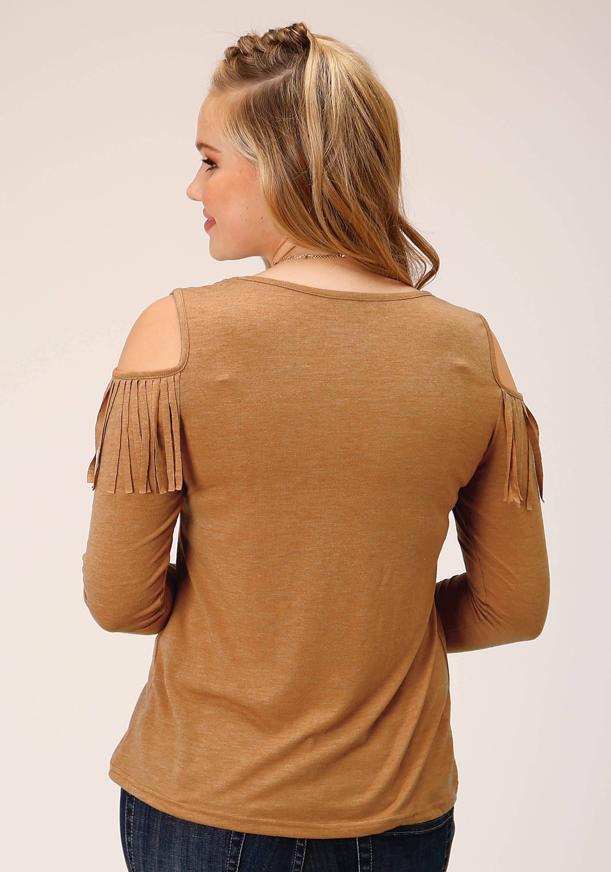 Roper Womens Long Sleeve Knit Tabacco Brown Poly Rayon Jersey Top - Flyclothing LLC