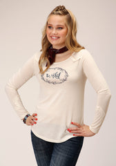 Roper Womens Long Sleeve Knit Cream Poly Rayon Jersey Top - Roper