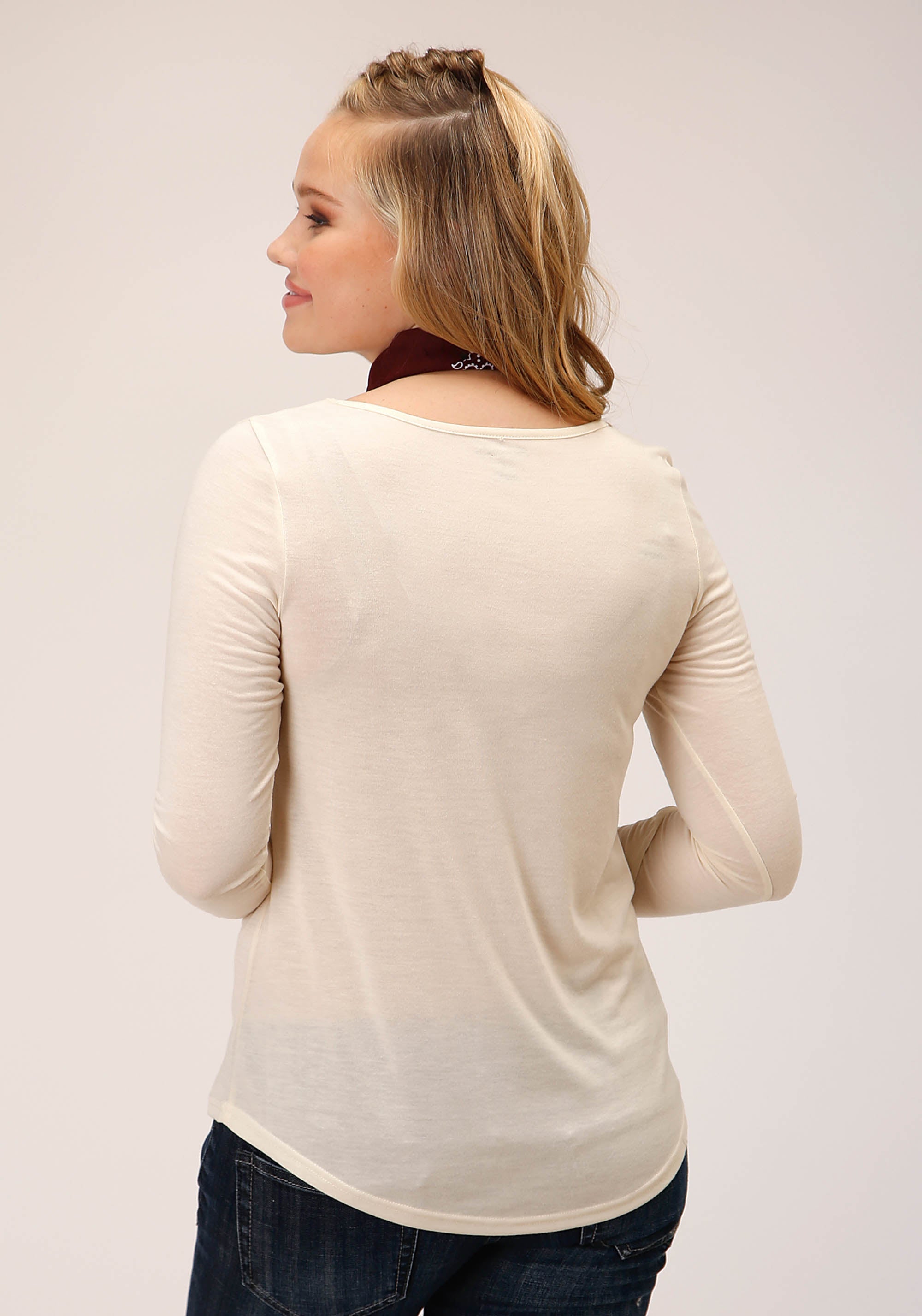 Roper Womens Long Sleeve Knit Cream Poly Rayon Jersey Top - Roper