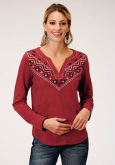 Roper Womens Long Sleeve Knit Rust Slub Jersey Shirt Top