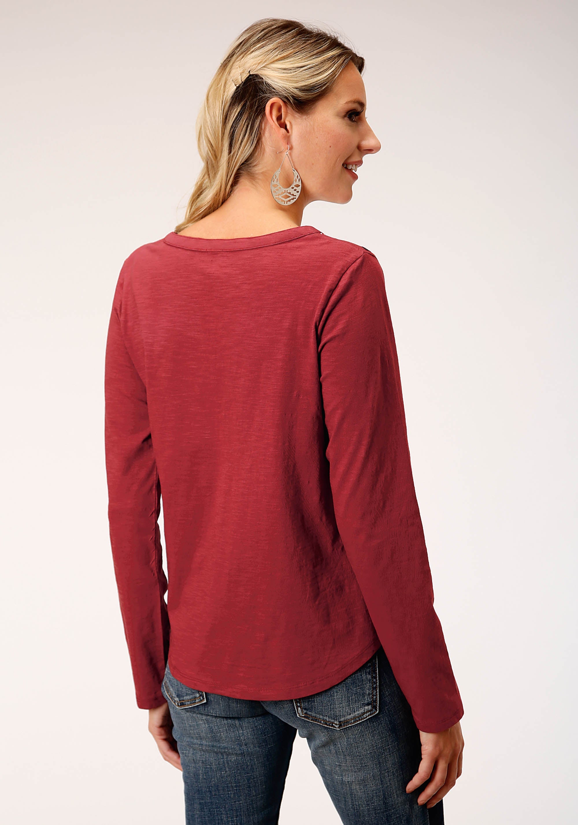 Roper Womens Long Sleeve Knit Rust Slub Jersey Shirt Top - Flyclothing LLC