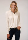 Roper Womens Long Sleeve Knit Cream Slub Jersey Peasant Top