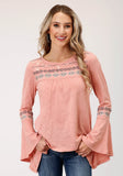 Roper Womens Long Sleeve Knit Light Pink Slub Knit Jersey Top