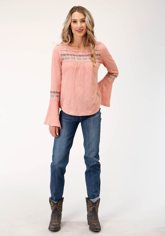 Roper Womens Long Sleeve Knit Light Pink Slub Knit Jersey Top - Flyclothing LLC