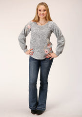 Roper WOMENS LONG SLEEVE KNIT POLAR FLEECE SPACE DYE GREY TOP - Roper