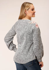 Roper WOMENS LONG SLEEVE KNIT POLAR FLEECE SPACE DYE GREY TOP - Roper