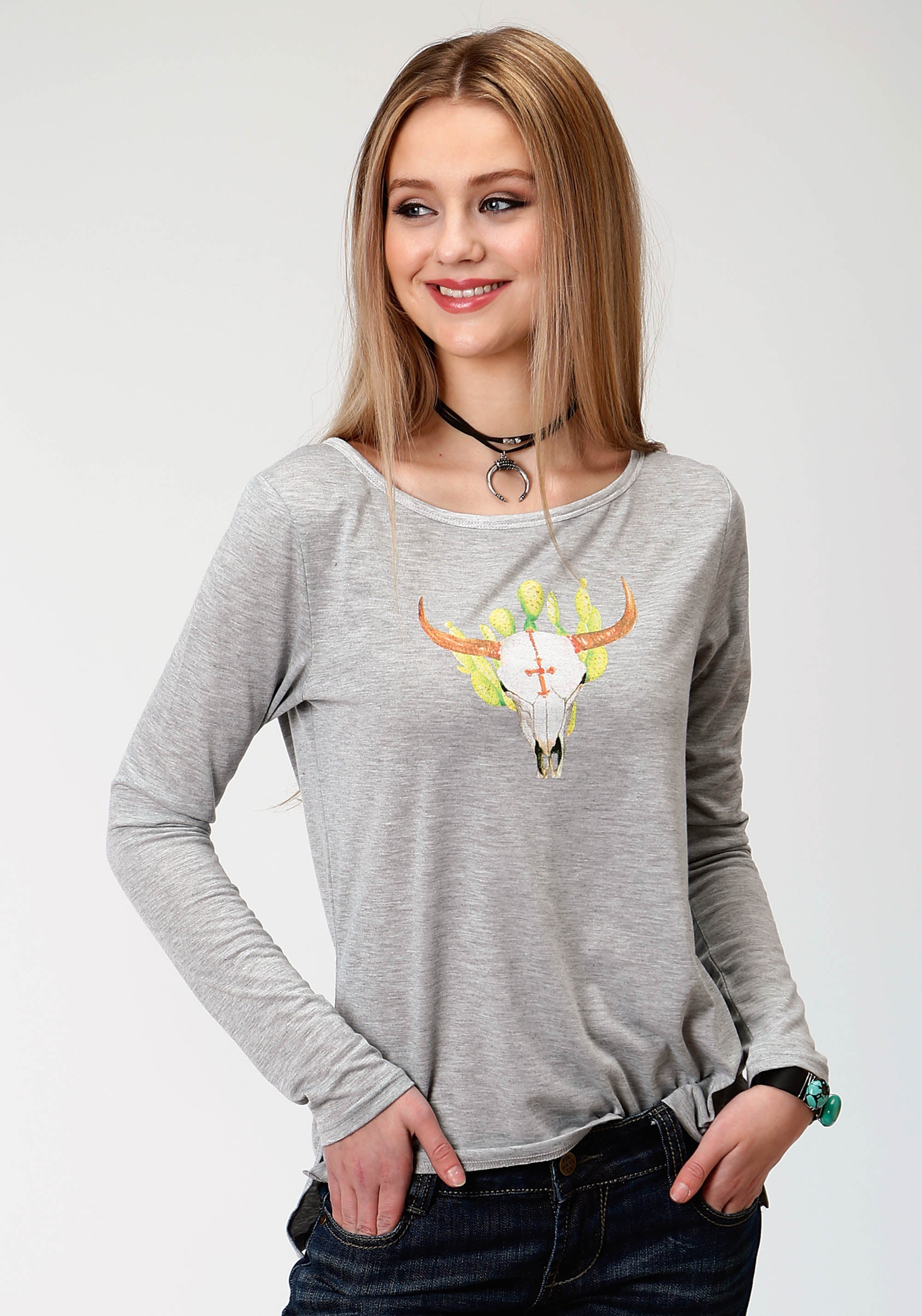 Roper Womens Grey With Screen Print Knit Top - Roper