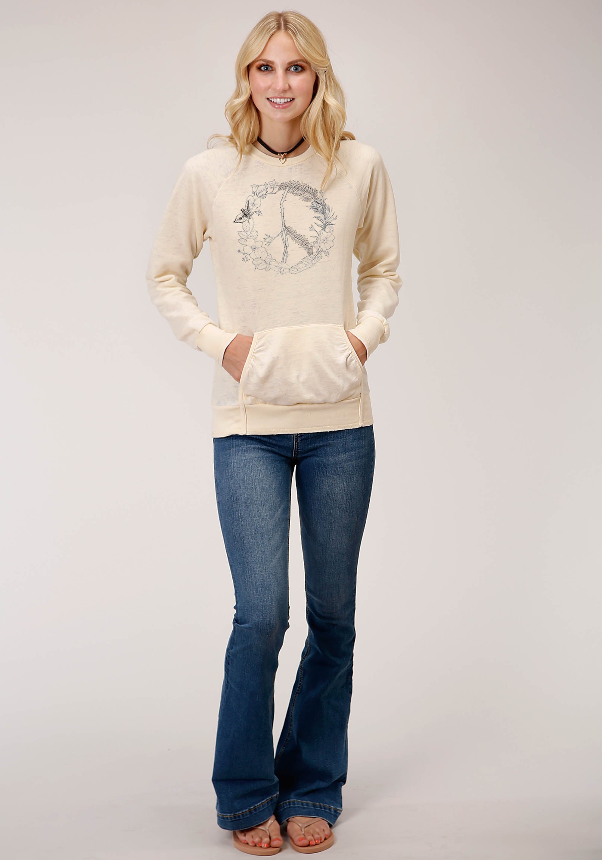 Roper Womens Long Sleeve Knit Floral Wreath Screen Print Sweatshirt - Flyclothing LLC