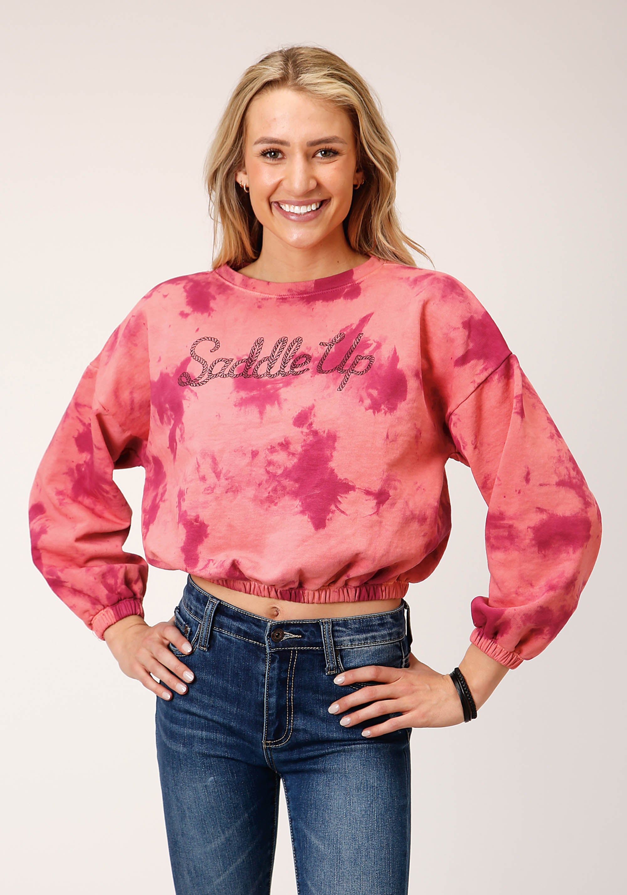 Roper Womens Long Sleeve Knit Wine Pink Tie Dye French Terry Sweatshirt - Roper