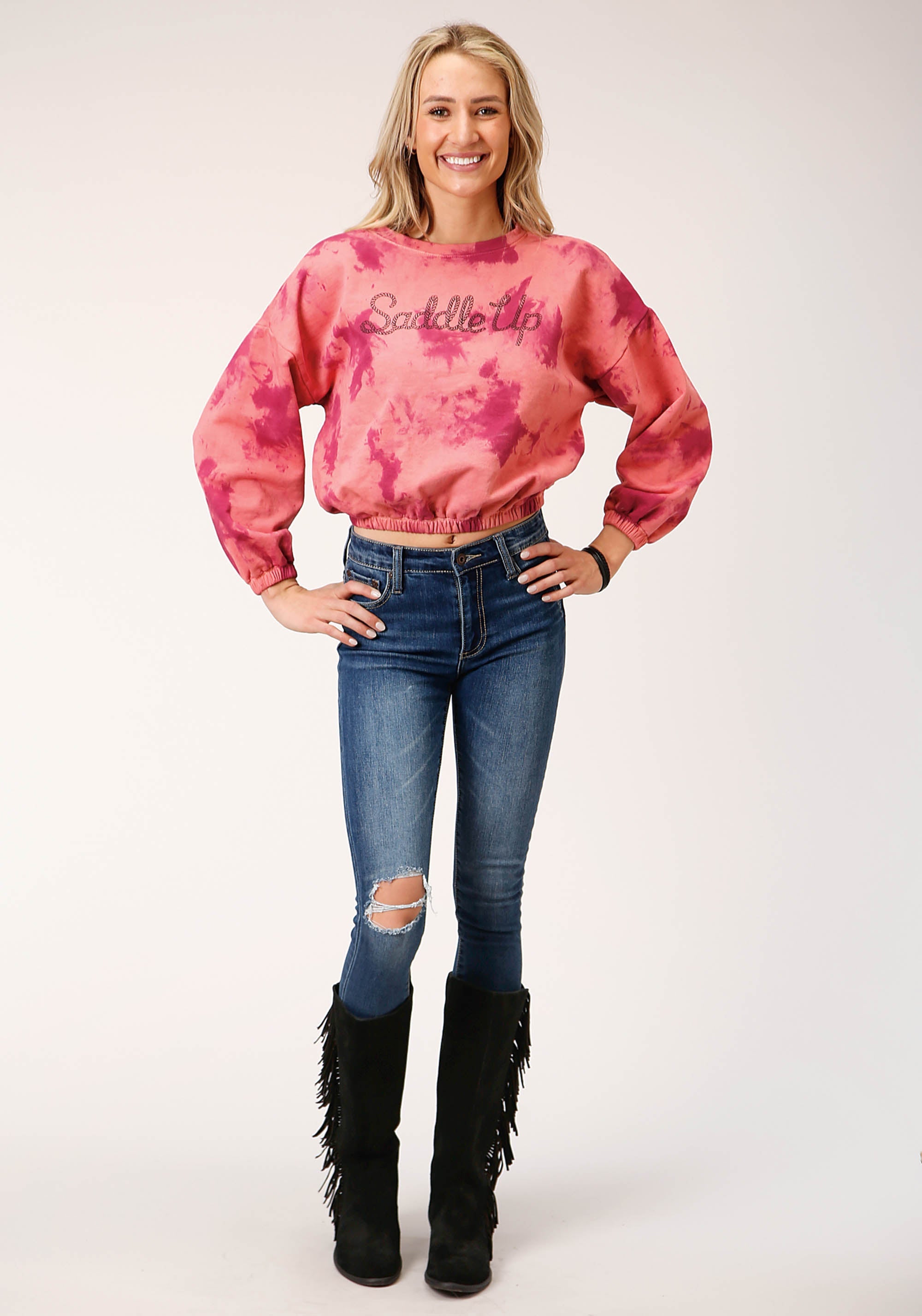 Roper Womens Long Sleeve Knit Wine Pink Tie Dye French Terry Sweatshirt - Roper