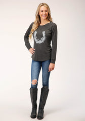 Roper Womens Long Sleeve Knit Charcoal Heahtered Knit Top - Flyclothing LLC