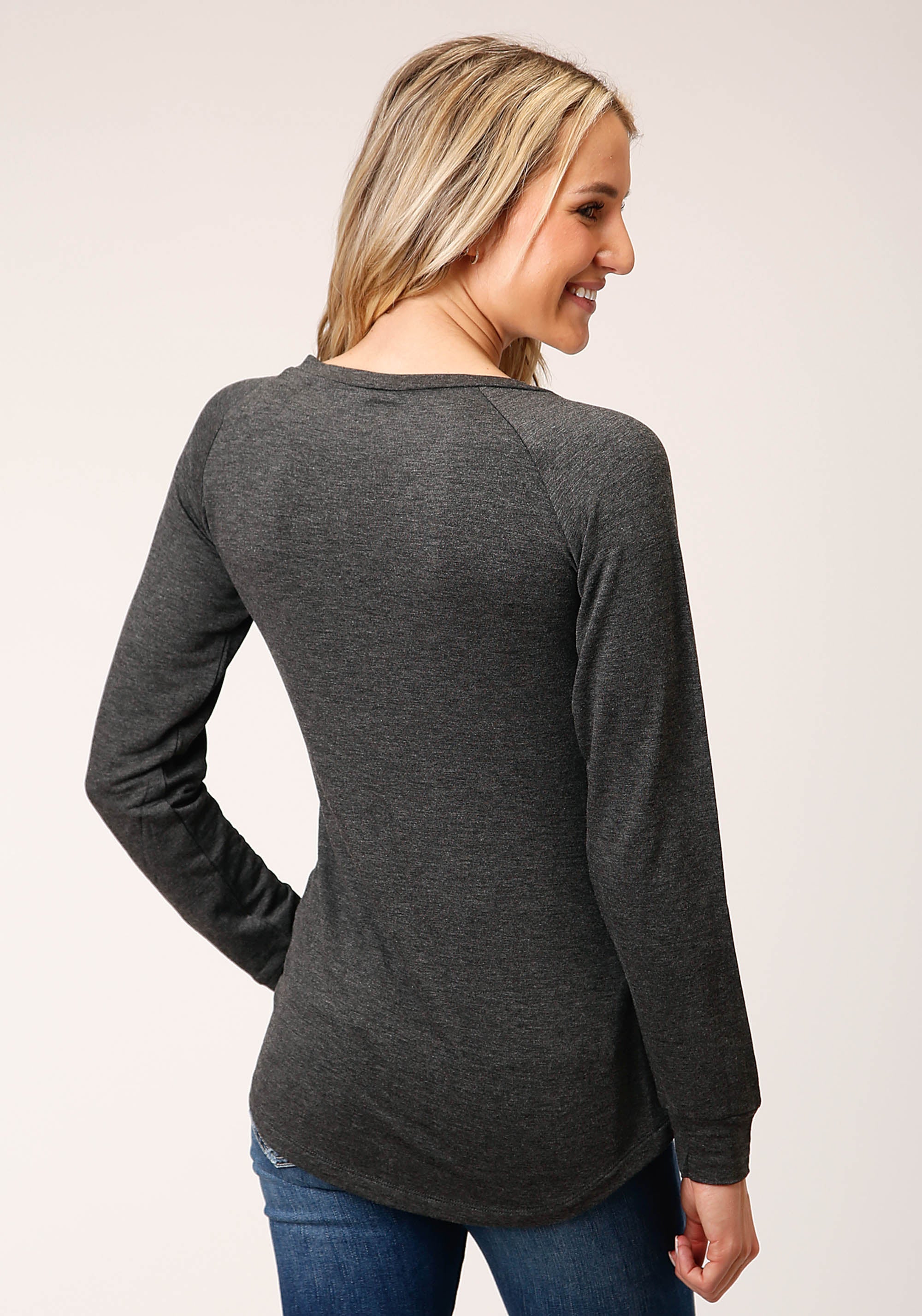 Roper Womens Long Sleeve Knit Charcoal Heahtered Knit Top - Roper