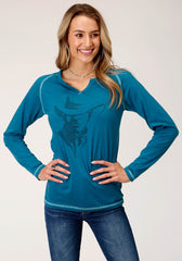 Roper Womens Long Sleeve Knit Ctn Poly Long Sleeve Heathered Turquoise Top