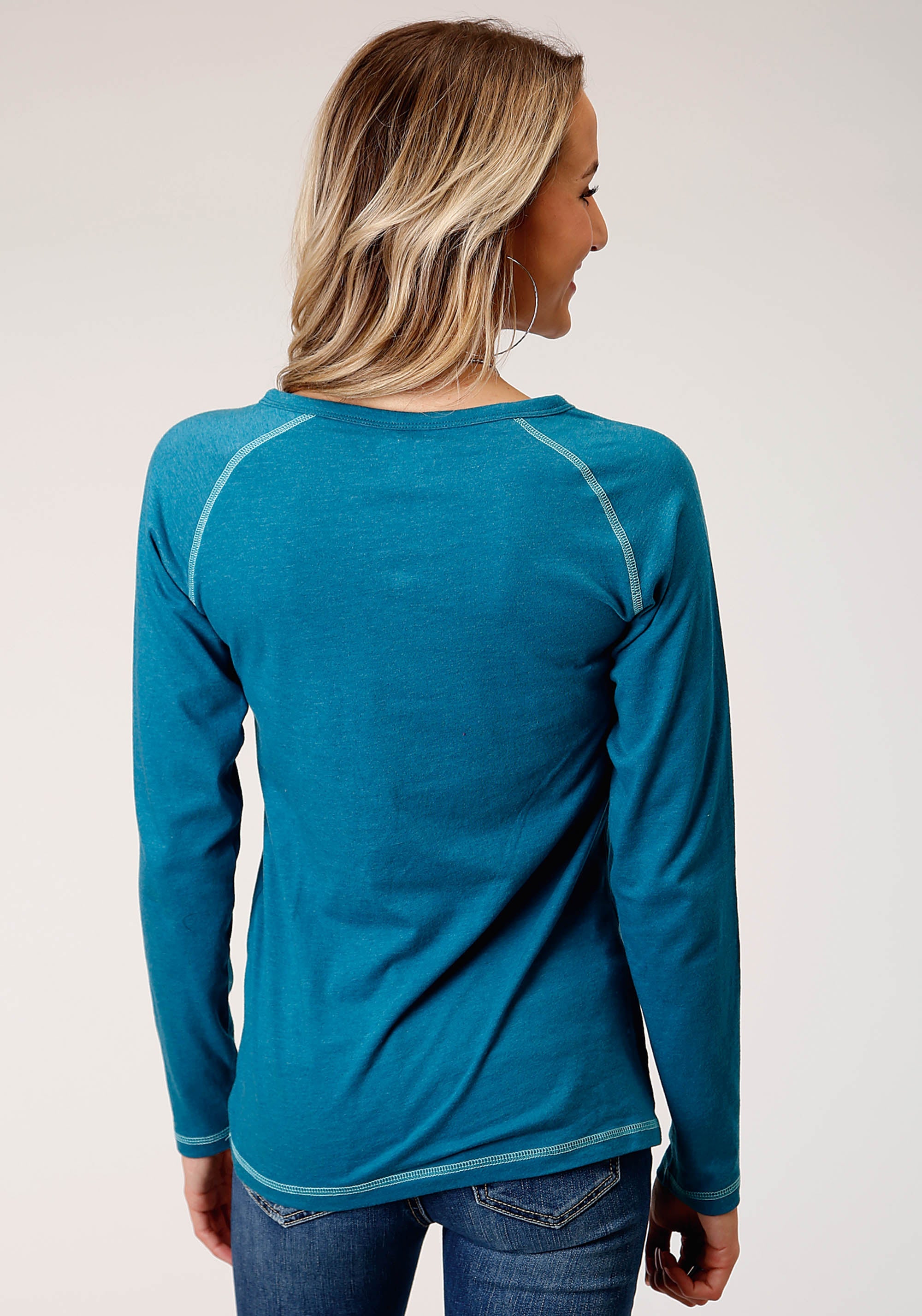 Roper Womens Long Sleeve Knit Ctn Poly Long Sleeve Heathered Turquoise Top - Roper