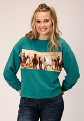 Roper Womens Long Sleeve Knit Solid Turquoise French Terry Top - Roper