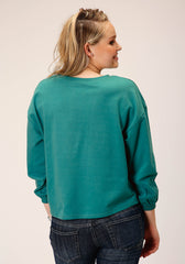 Roper Womens Long Sleeve Knit Solid Turquoise French Terry Top - Roper