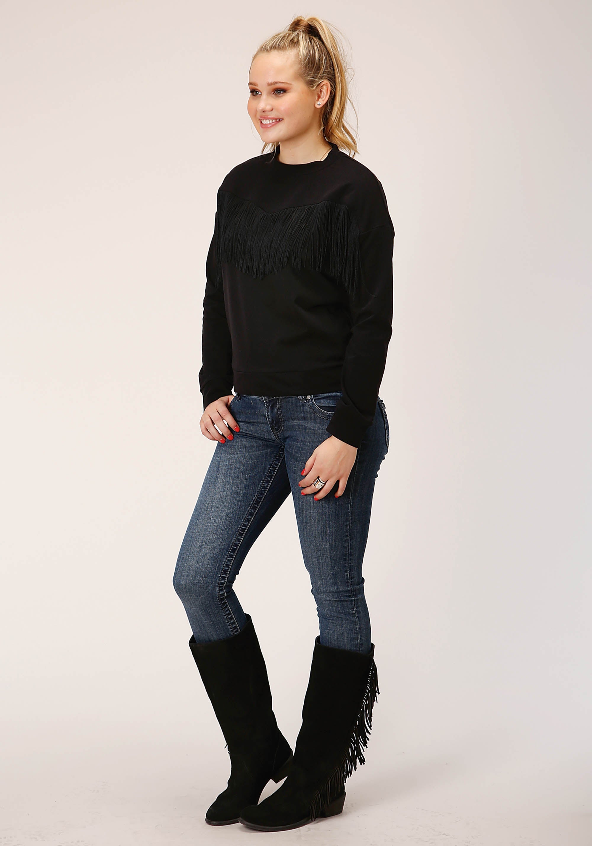 Roper Womens Long Sleeve Knit Black French Terry Top - Roper