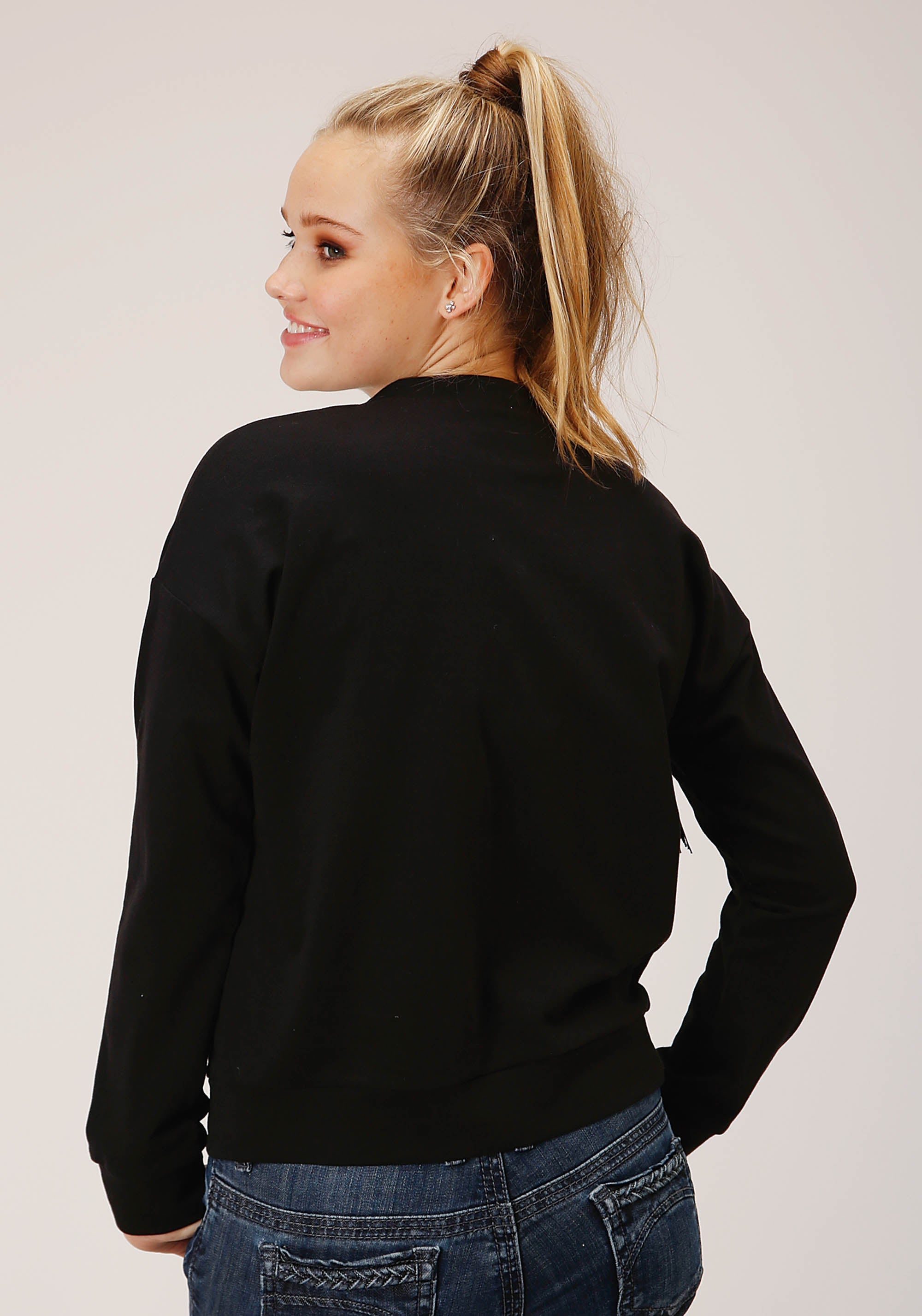 Roper Womens Long Sleeve Knit Black French Terry Top - Roper