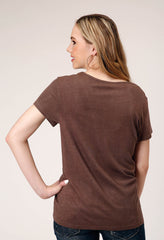 Roper Womens Short Sleeve Knit Dark Brown Poly Rayon Short Sleeve Tee Top - Roper