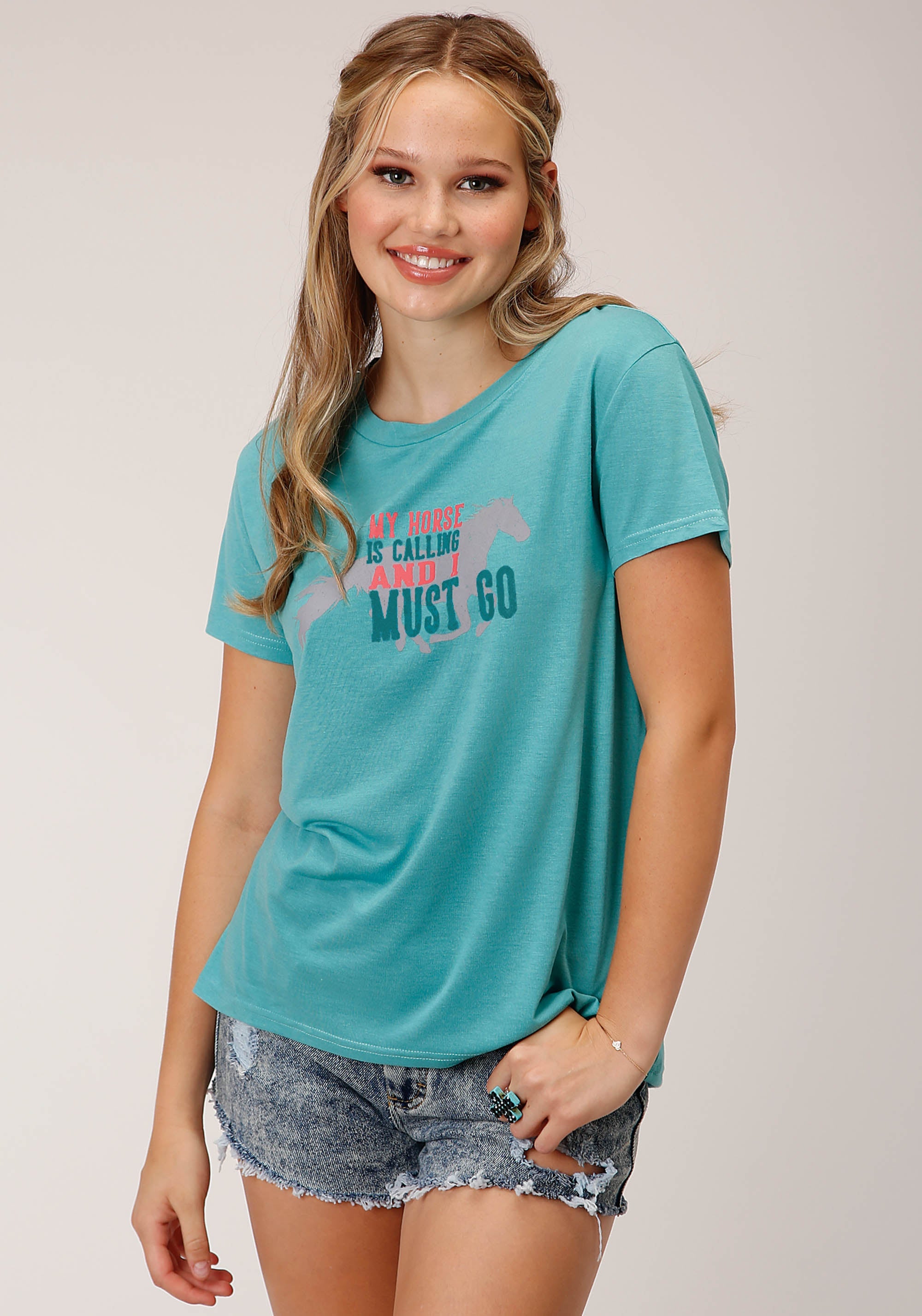 Roper Womens Short Sleeve Knit Turquoise Poly Rayon Short Sleeve Tee Top - Roper