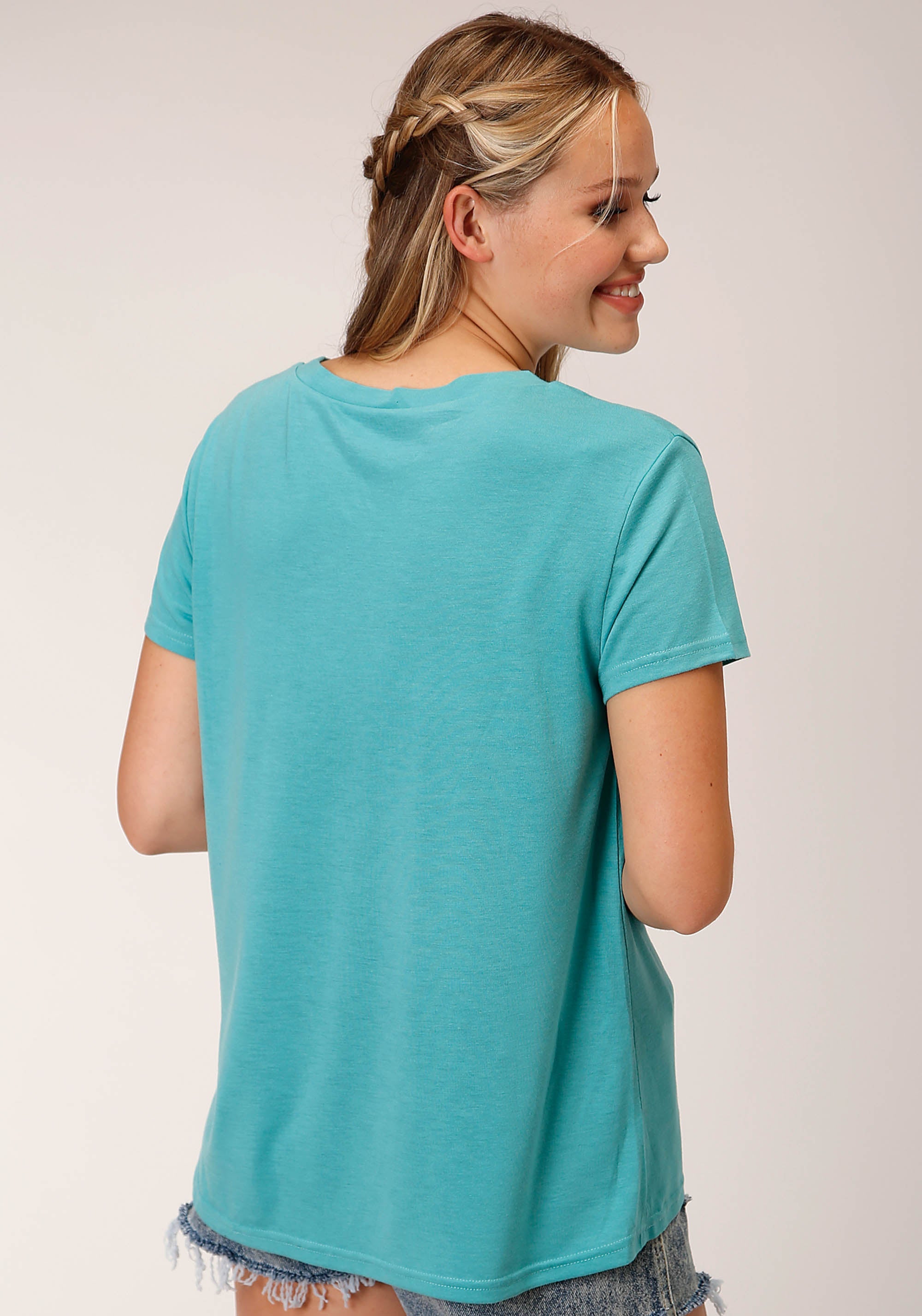 Roper Womens Short Sleeve Knit Turquoise Poly Rayon Short Sleeve Tee Top - Roper