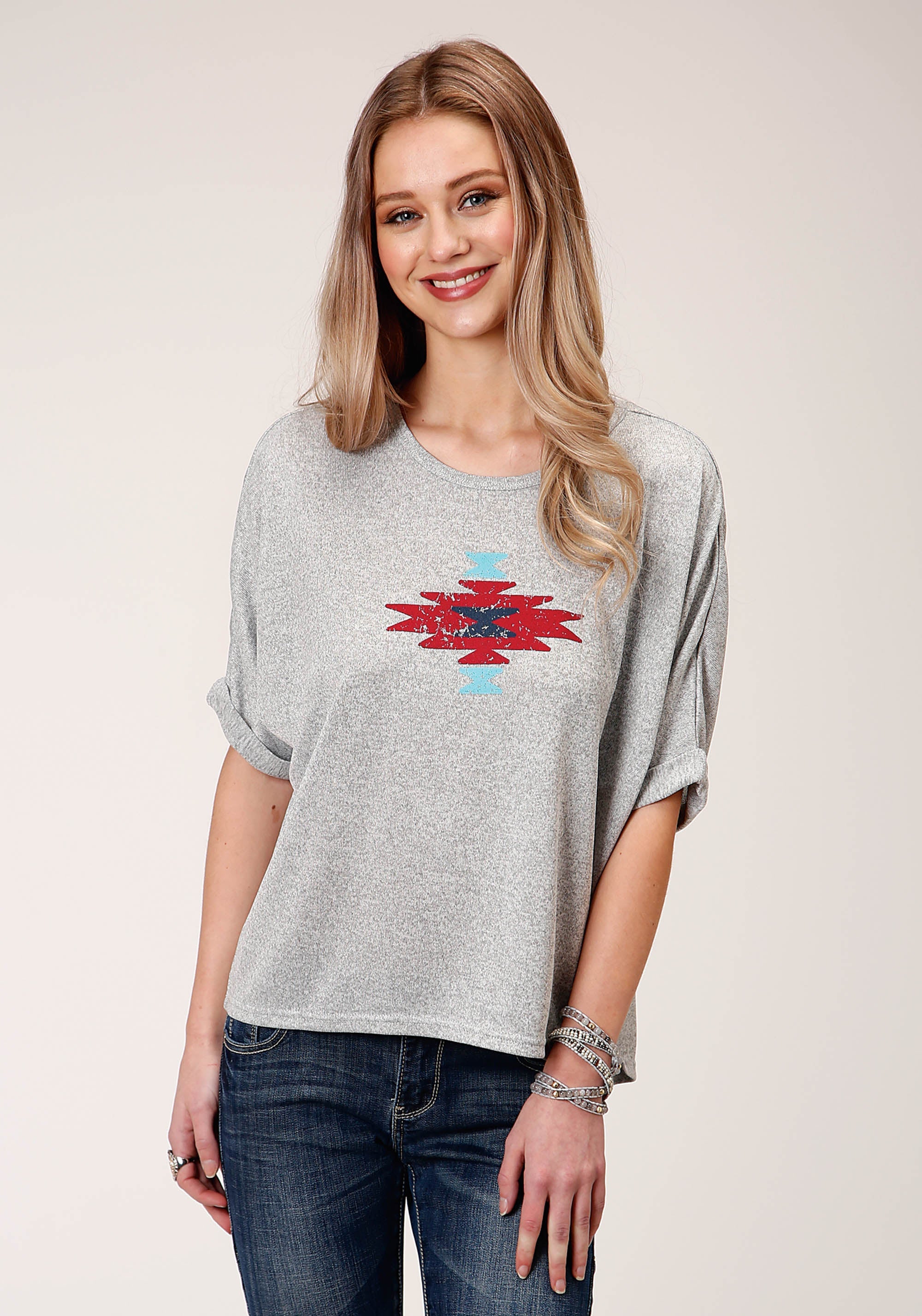 Roper Womens Short Sleeve Knit Heather Grey Sweater Knit Top Top