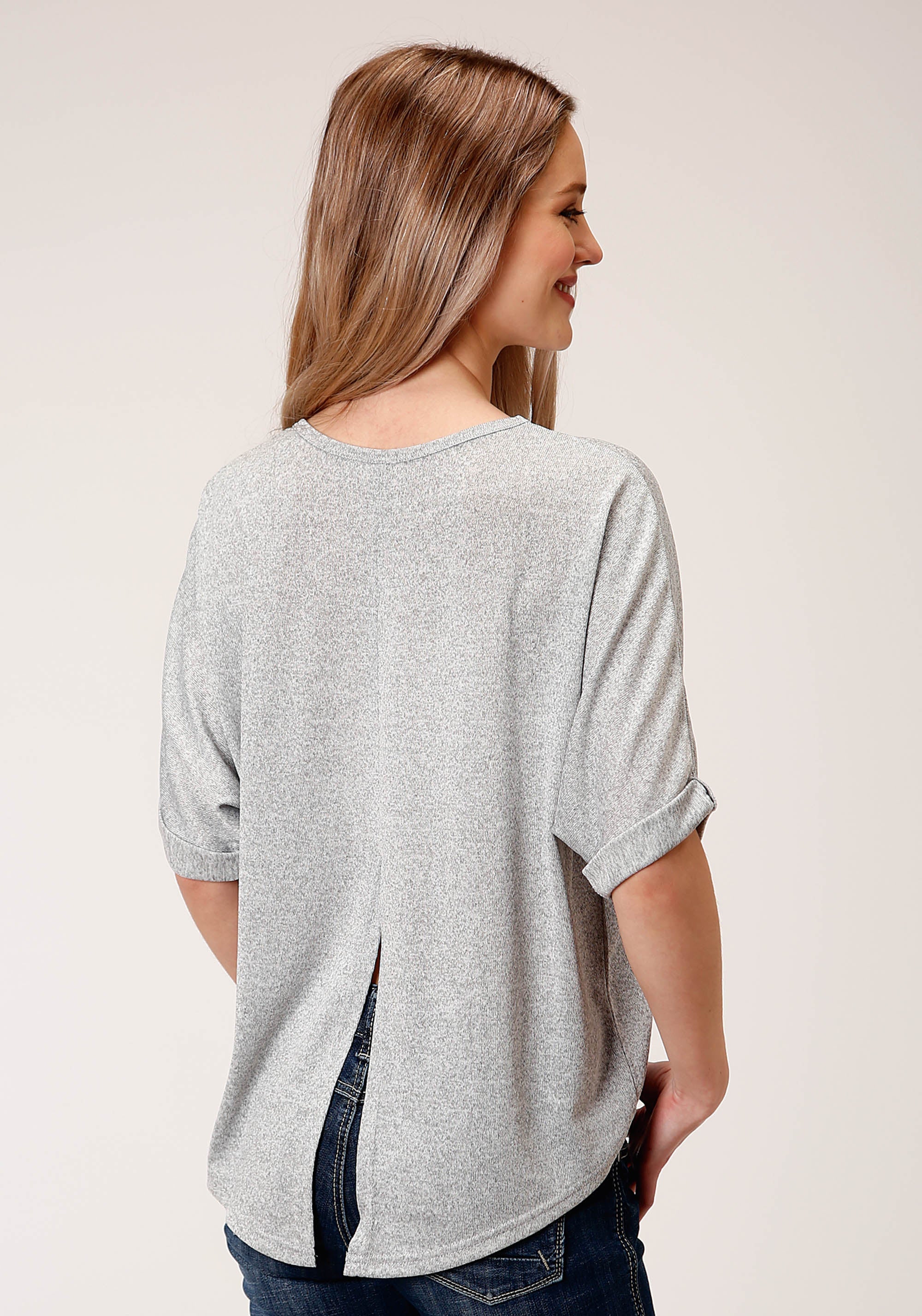 Roper Womens Short Sleeve Knit Heather Grey Sweater Knit Top Top - Roper