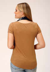 Roper Womens Short Sleeve Knit Tabacco Brown Poly Rayon Jersey Top Top - Roper