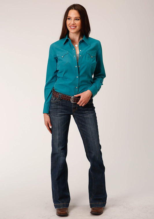 Roper Womens Long Sleeve Snap Solid Poplin Deep Teal Western Shirt