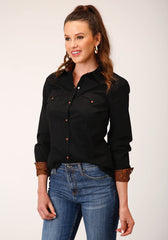 Roper Womens Long Sleeve Snap Solid Poplin Black Western Shirt