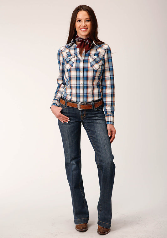 Roper Womens Long Sleeve Snap Denim Plaid Western Shirt - Flyclothing LLC