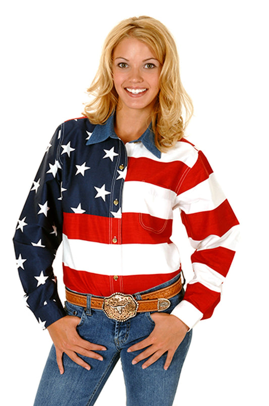 Roper Womens Red White And Blue Stars And Stripes Pieced American Flag Long Sleeve Western Snap Shirt