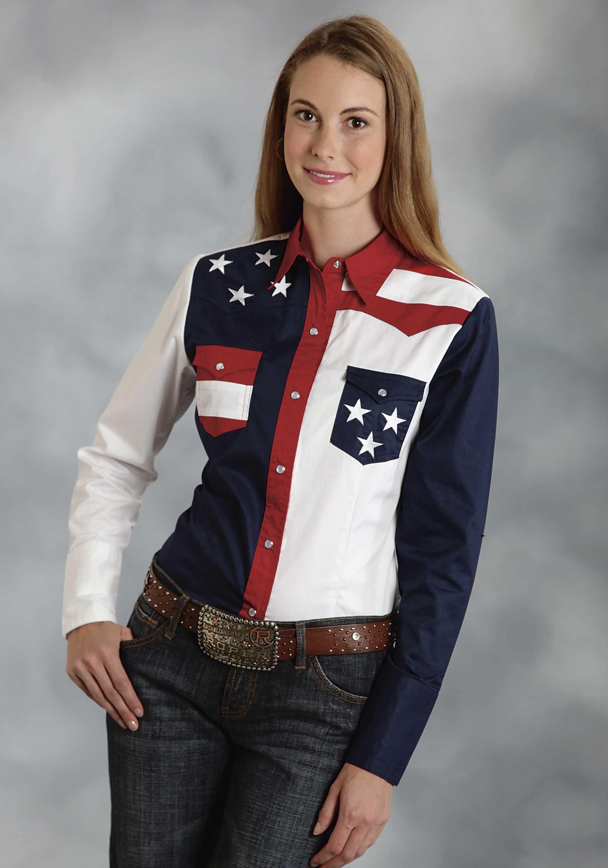 Roper Womens Red White And Blue Colorblocked Pieced Long Sleeve Western Snap Shirt