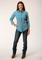 Roper Womens Long Sleeve Snap Diamond Print Turquoise Western Shirt - Flyclothing LLC