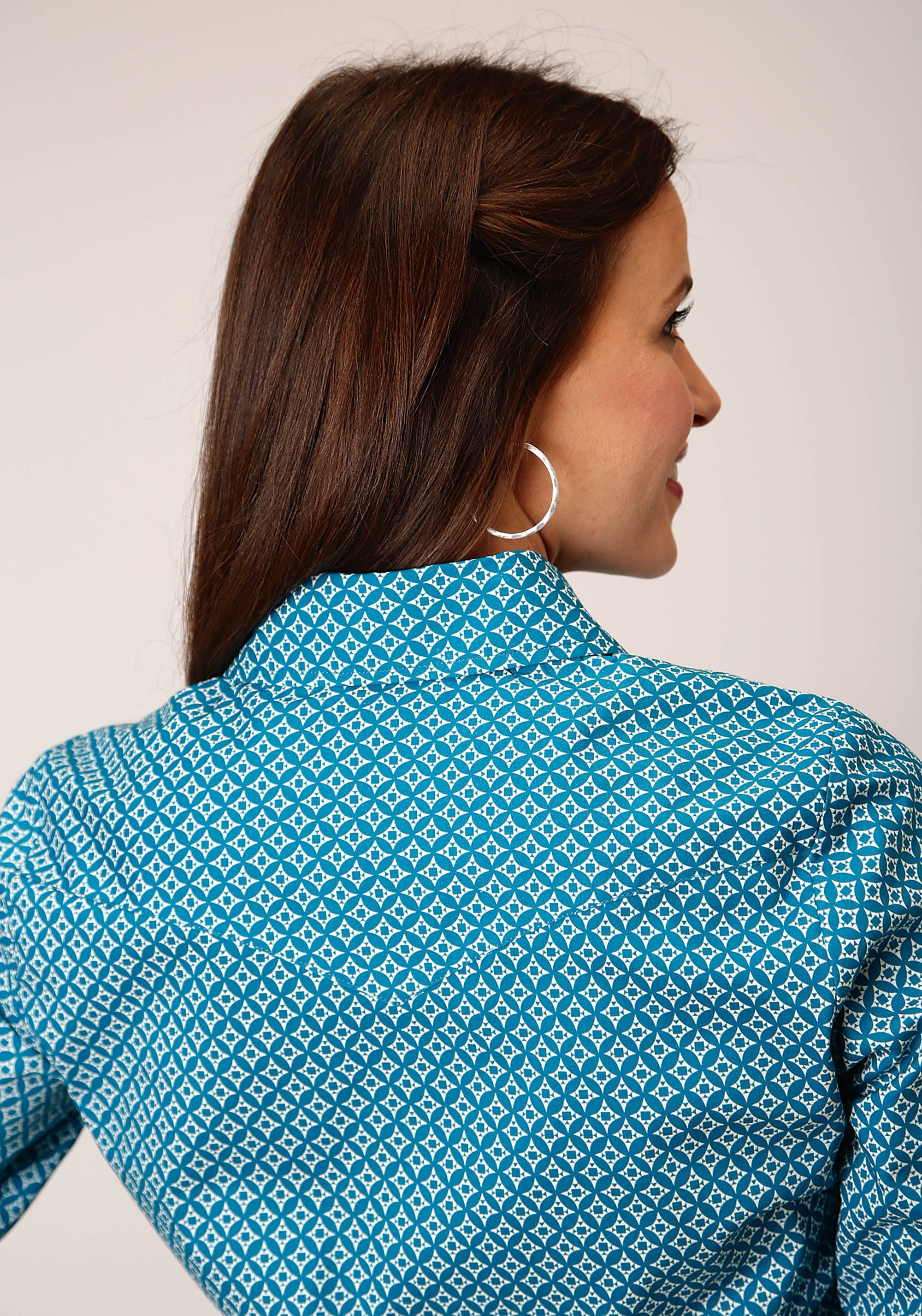 Roper Womens Long Sleeve Snap Diamond Print Turquoise Western Shirt - Flyclothing LLC