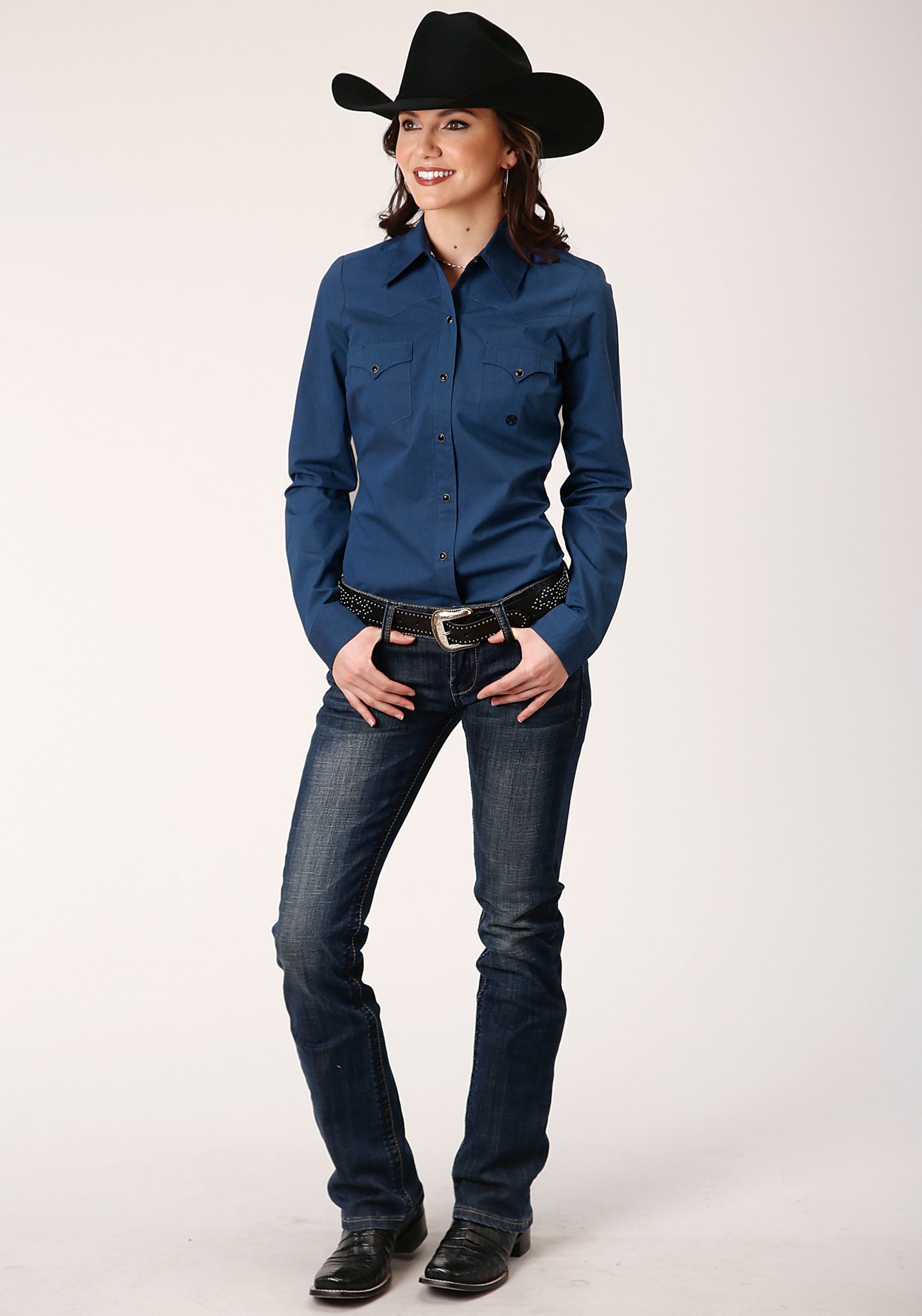 Roper Womens Long Sleeve Snap Black Fill Solid Blue Western Shirt - Flyclothing LLC