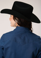 Roper Womens Long Sleeve Snap Black Fill Solid Blue Western Shirt - Flyclothing LLC