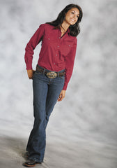 Roper Womens Red Solid Long Sleeve Western Snap Shirt