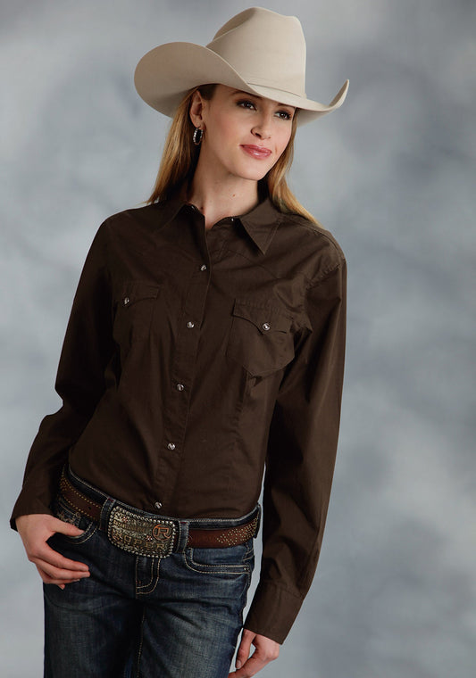 Roper Womens Brown Solid Long Sleeve Western Snap Shirt